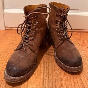 Frye Sabrina size 7.5 Tan Suede/Leather 
Lace Up Wood Heeled Ankle Booties